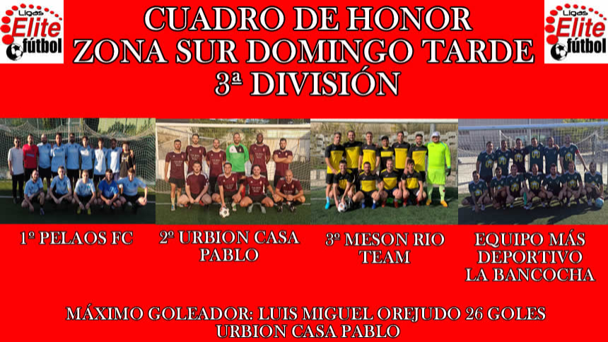 CUADRO DE HONOR. ZONA SUR DOMINGO TARDE 3ª DIVISIÓN